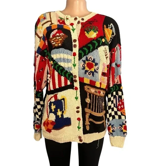 The Eagle’s Eye Colorful Patchwork Vintage 90s Hand Knit Cardigan - Picture 2 of 11